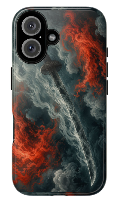 Andrinia: Swordfall phone case — cursed sword art in dark grey and red smoke